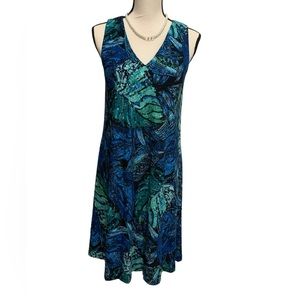 NWT Anne Klein blue green n blk tropical print dress